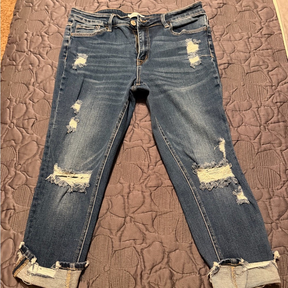 Vaneli Dark Blue Distressed Ankle Jeans